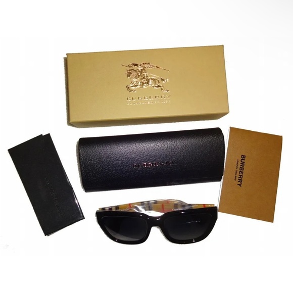 $319 Burberry Checked Arms Sunglasses Gray Polarized Lens Black Front Front NIB main image 7